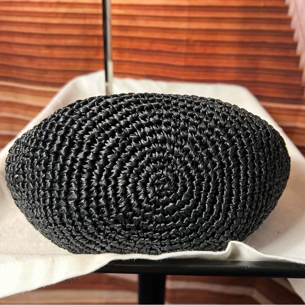 Vintage 1960s Morris Moskowitz Black Raffia Woven Handbag with Lucite Handles